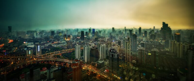 Aerial Cityscape at Dusk — Green