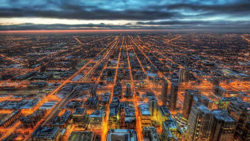 Aerial Cityscape at Dusk — Orange, Dramatic, Night