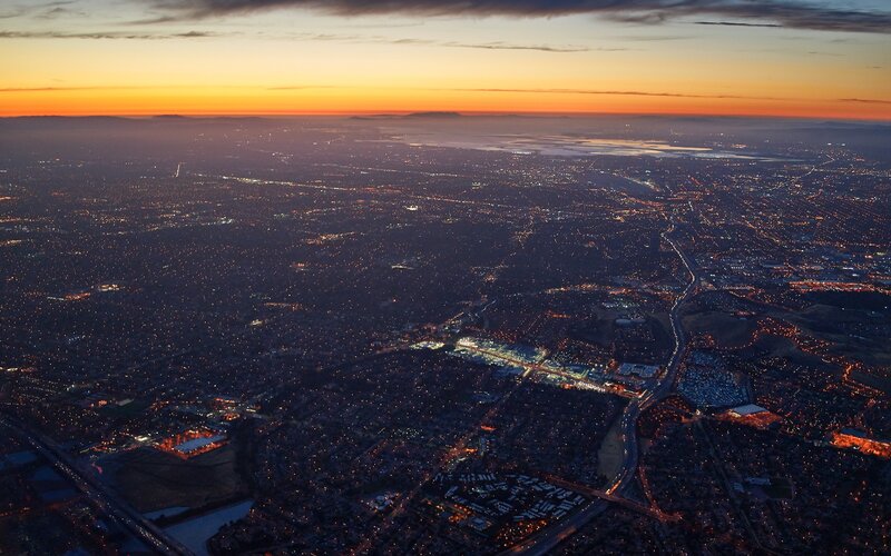 Aerial Cityscape at Dusk — Orange, Dramatic, Sunset, Photograph, City Lights