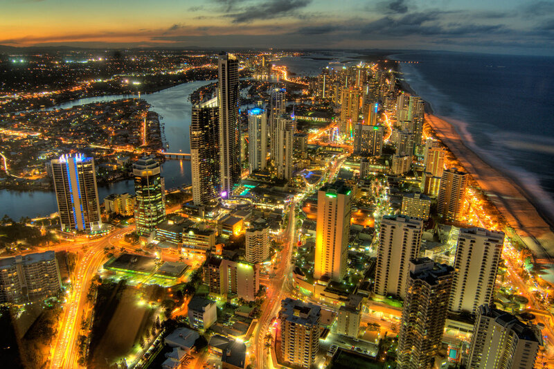 Aerial Cityscape at Dusk — Orange, Dramatic, Sunset, Photograph, Skyscrapers, Beach