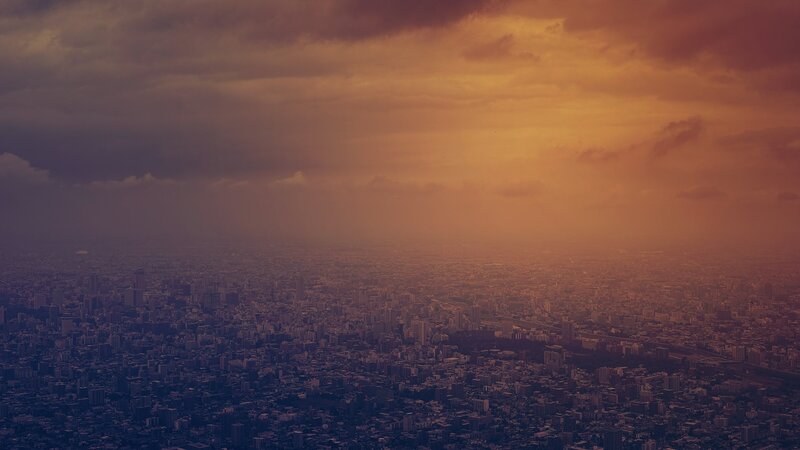 Aerial Cityscape at Dusk — Orange, Dramatic, Sunset