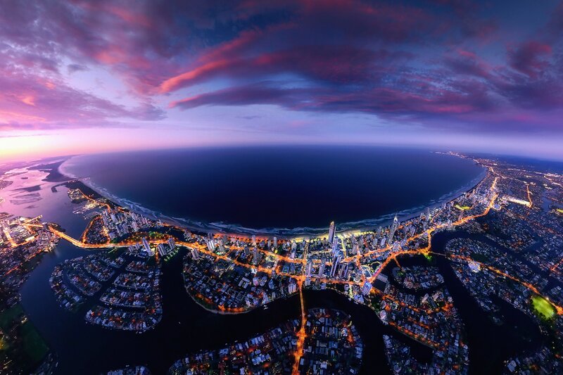 Aerial Cityscape at Dusk — Purple