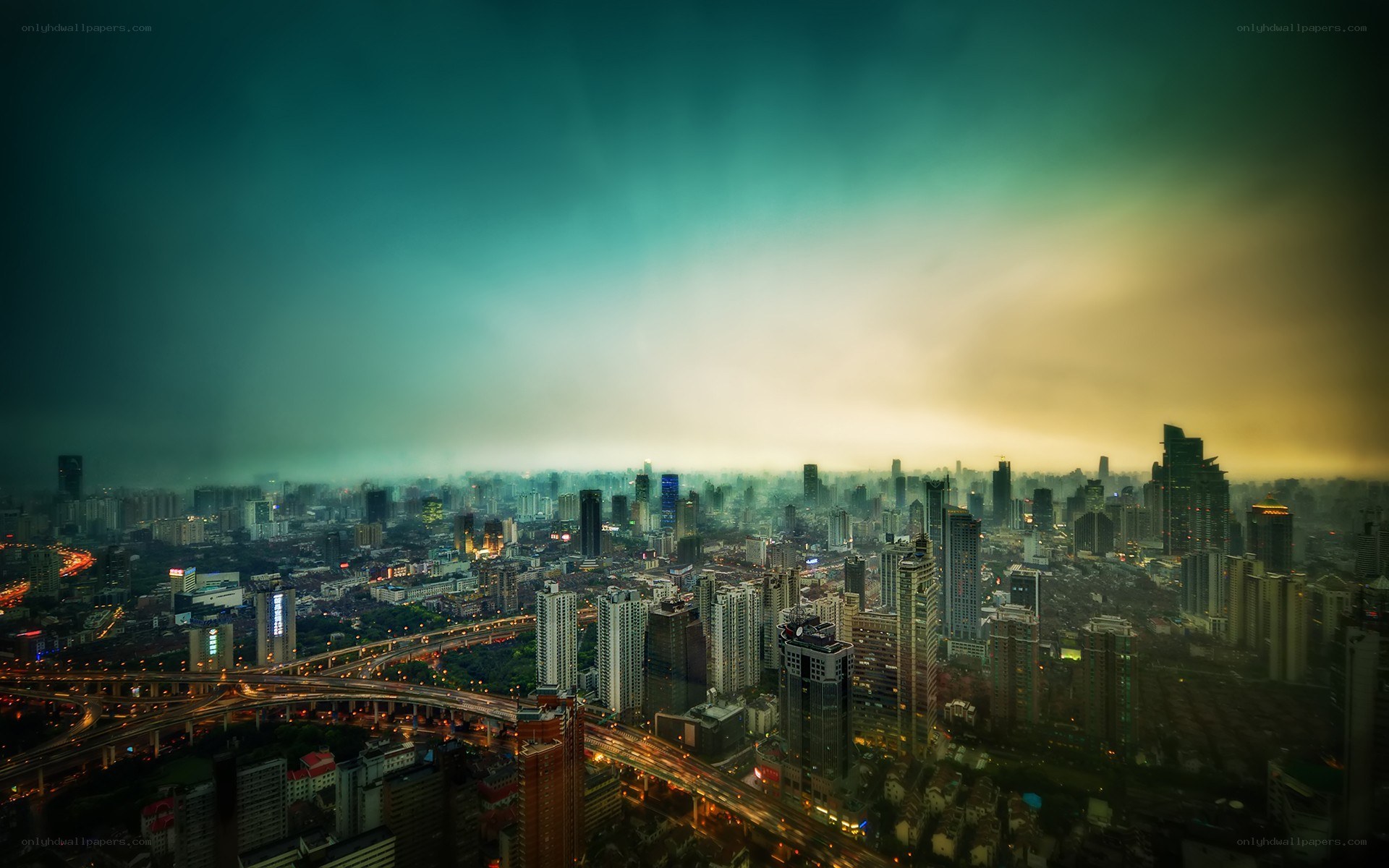 aerial cityscape at dusk