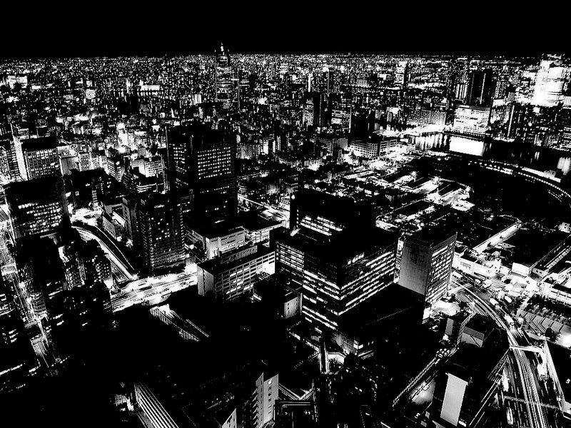 Aerial Cityscape at Night — Black, Dramatic, Photograph