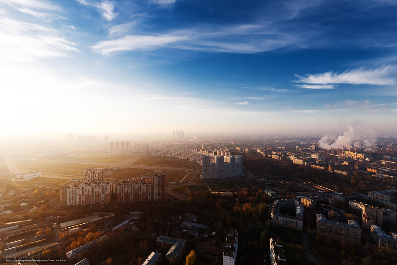 Aerial cityscape at sunrise