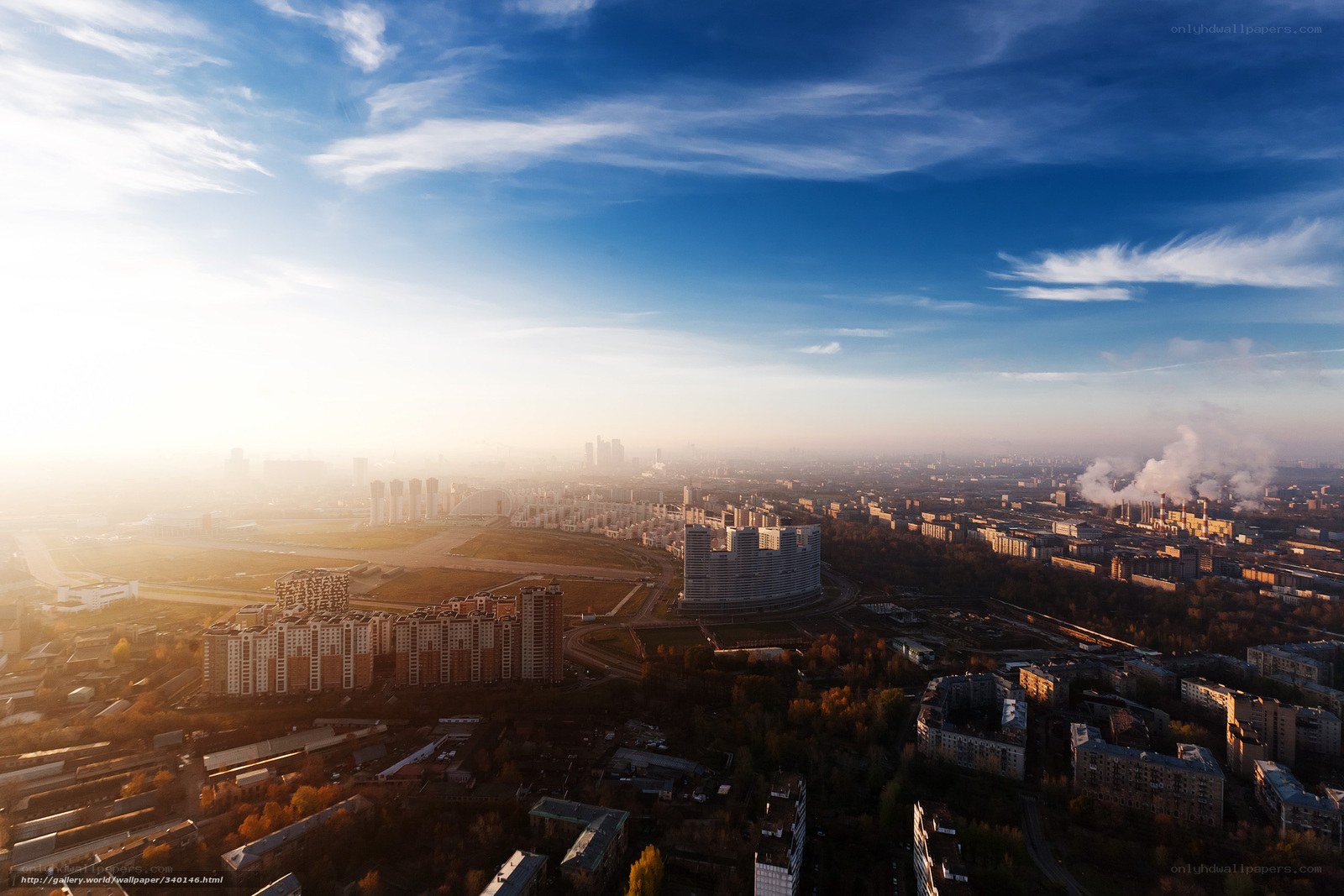 Aerial cityscape at sunrise