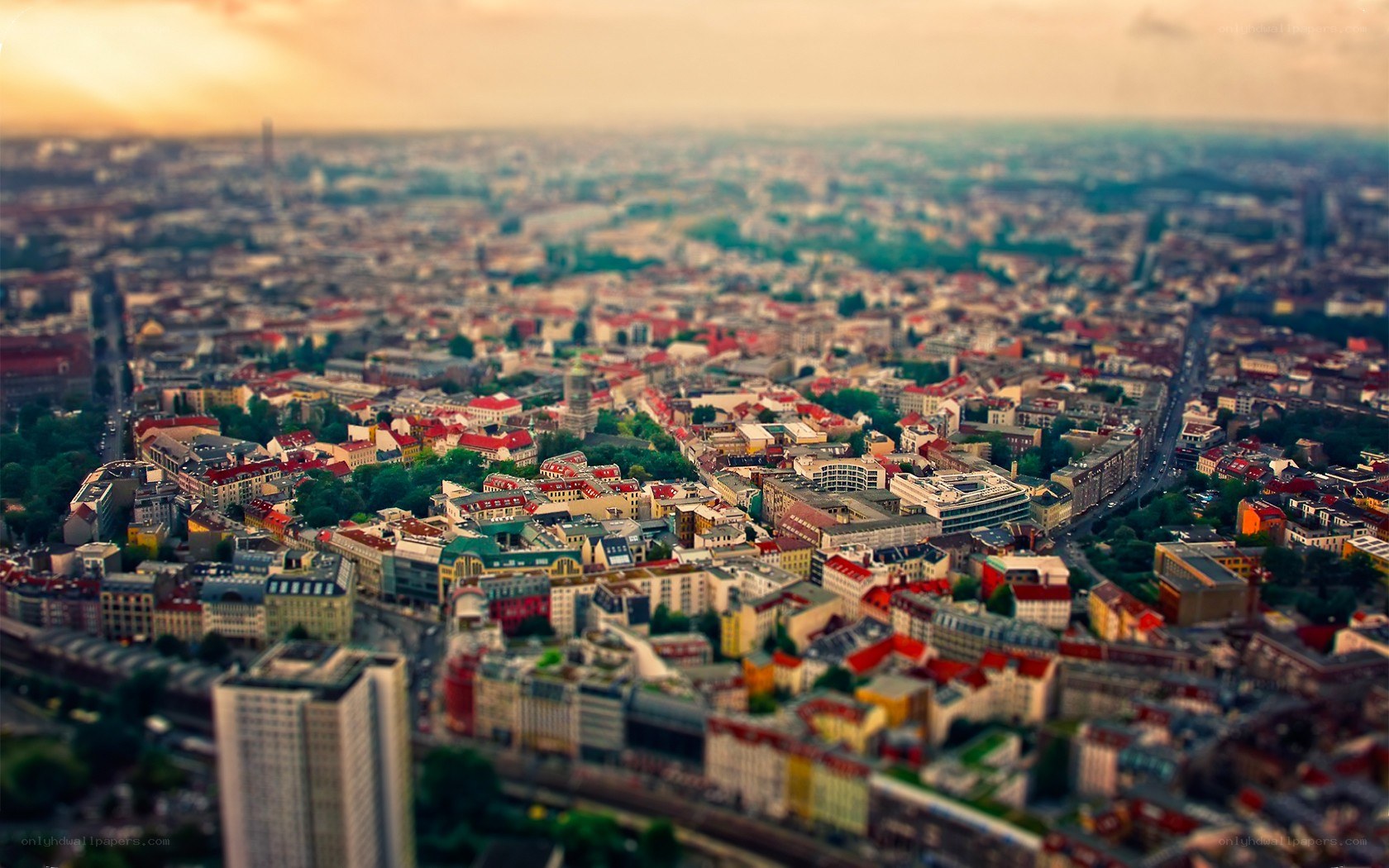 aerial cityscape at sunset