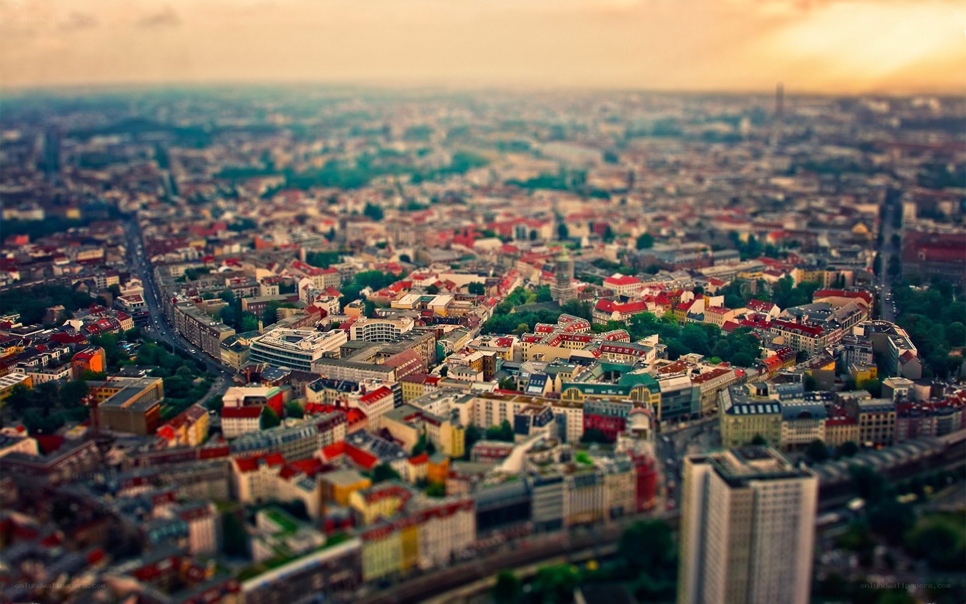 aerial cityscape at sunset