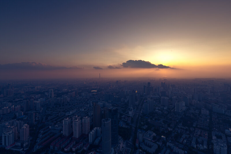 Aerial Cityscape at Sunset — Orange, Dramatic, Photograph, Sky