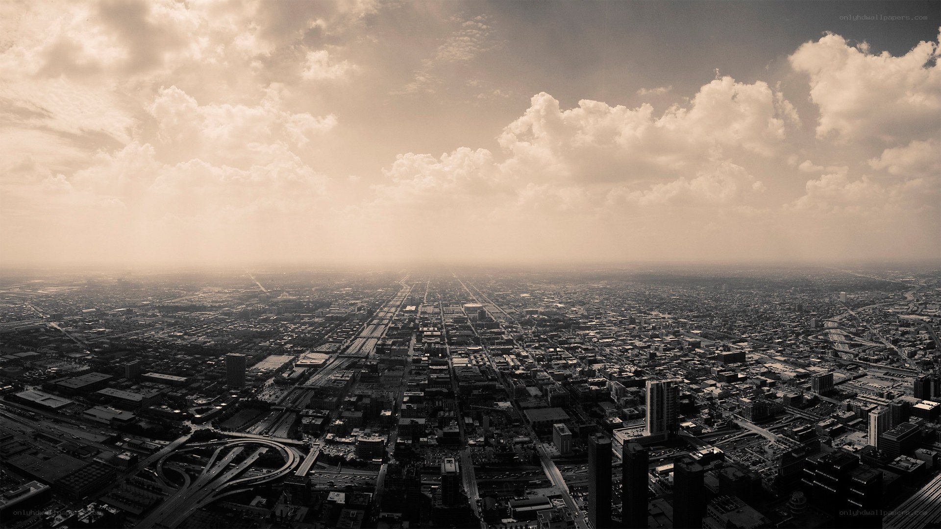 aerial cityscape at sunset
