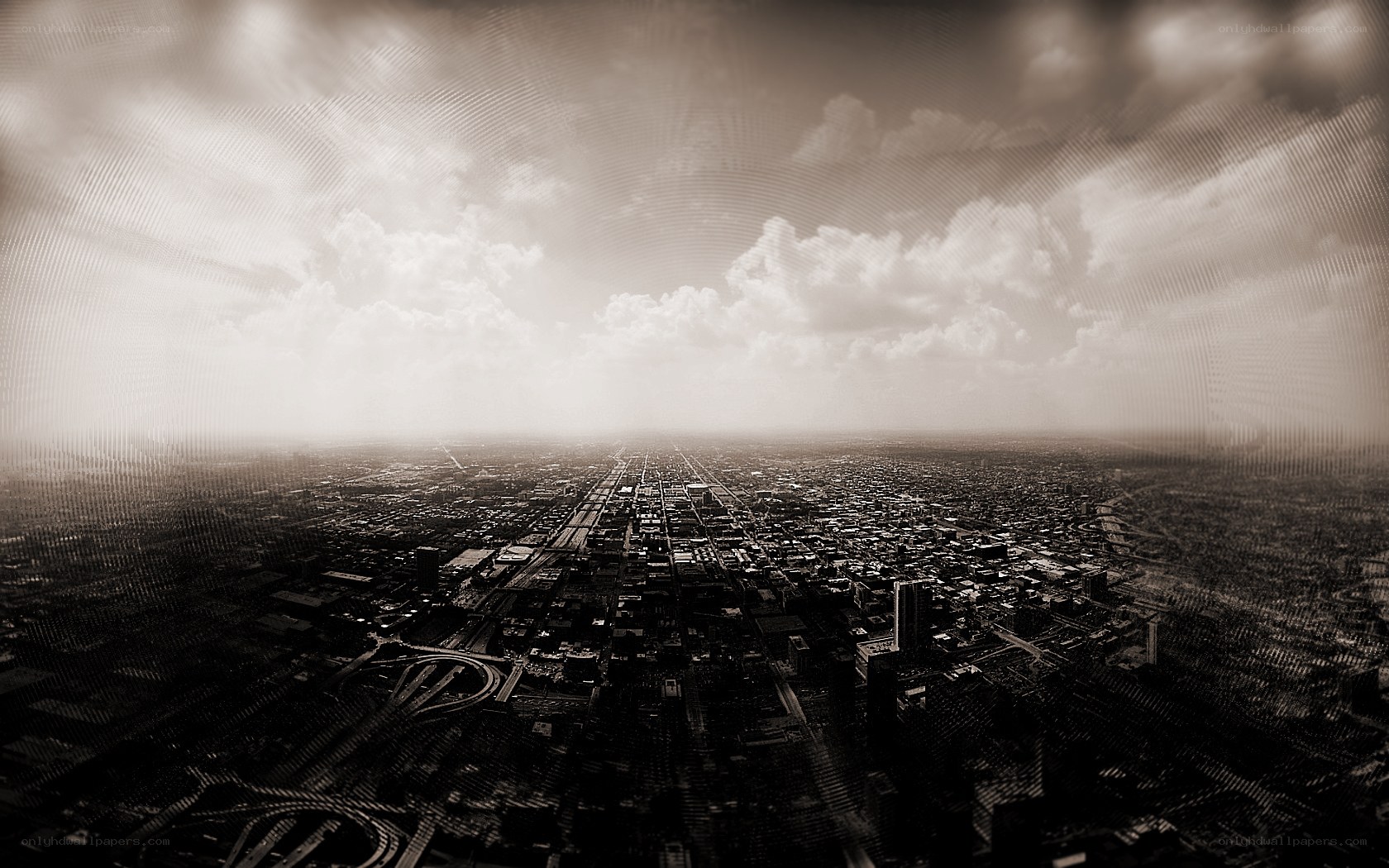 Aerial cityscape under cloudy sky