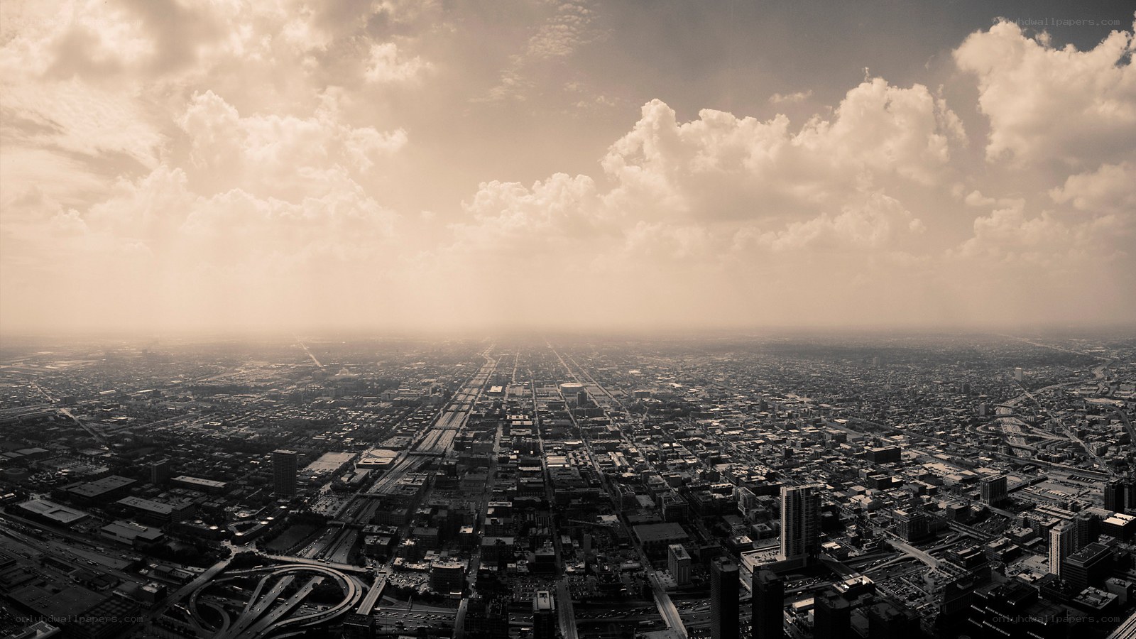 aerial cityscape under cloudy sky