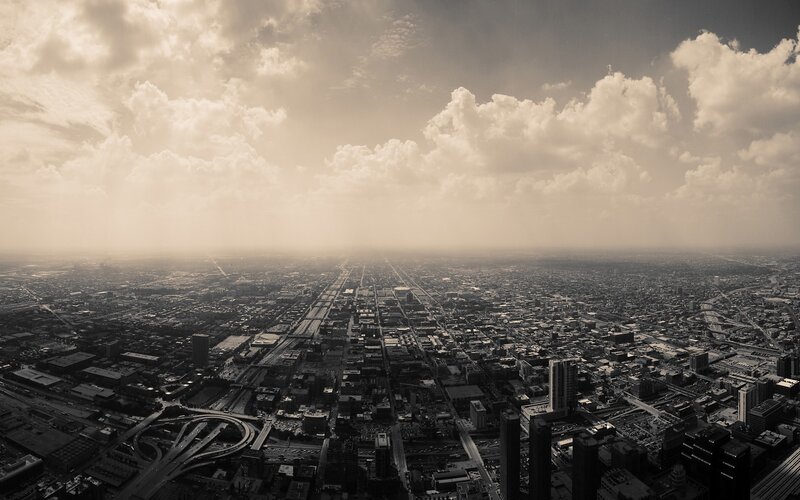Aerial Cityscape View — Sepia, Dramatic, Afternoon