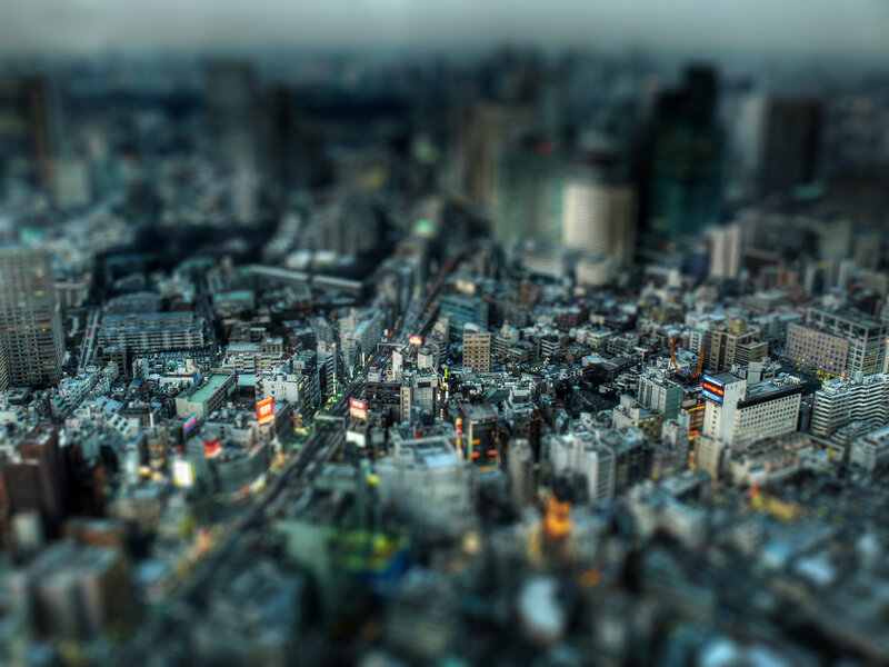 aerial cityscape with tilt-shift effect