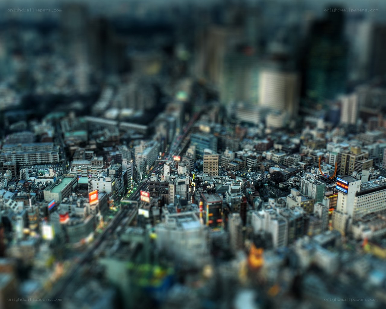 Aerial cityscape with tilt-shift effect