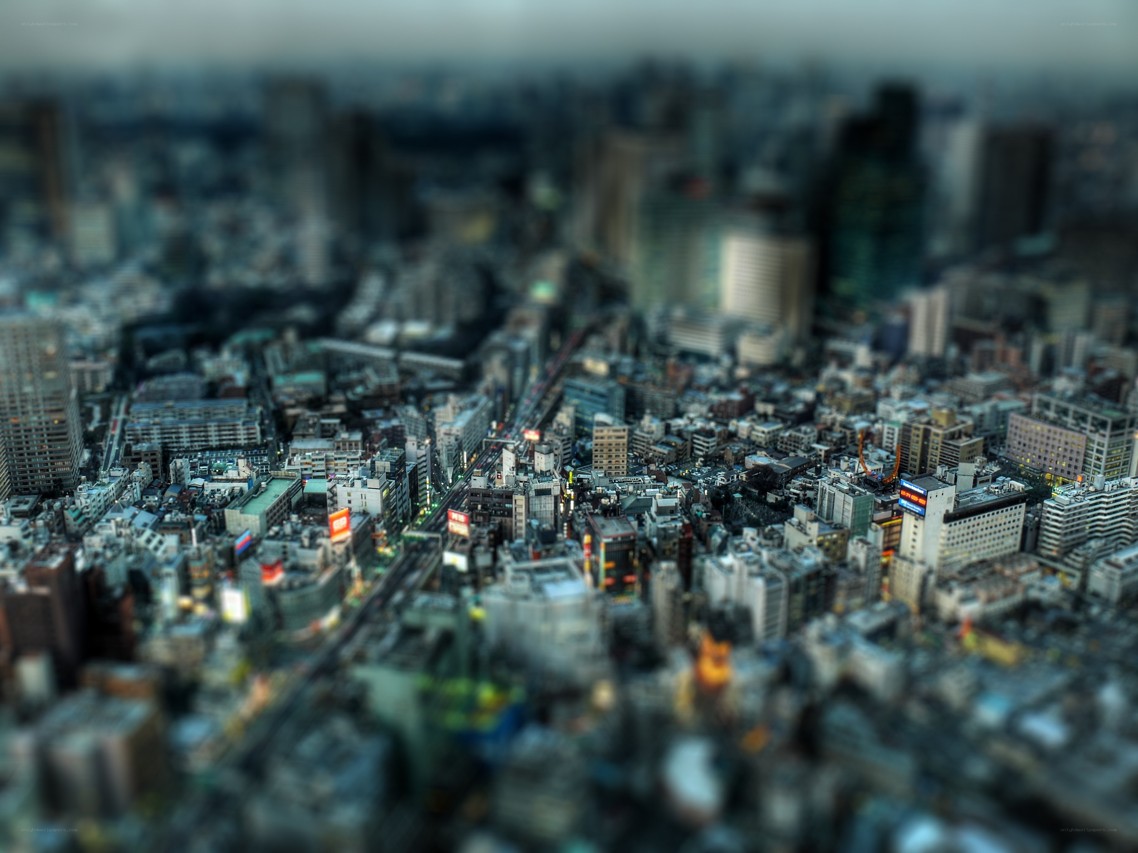 aerial cityscape with tilt-shift effect