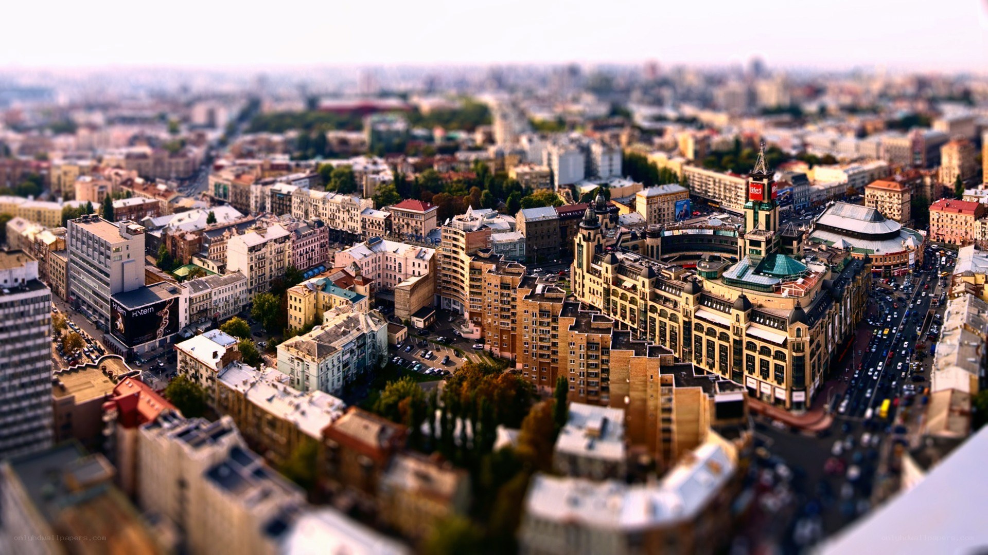 Aerial cityscape with tilt-shift effect