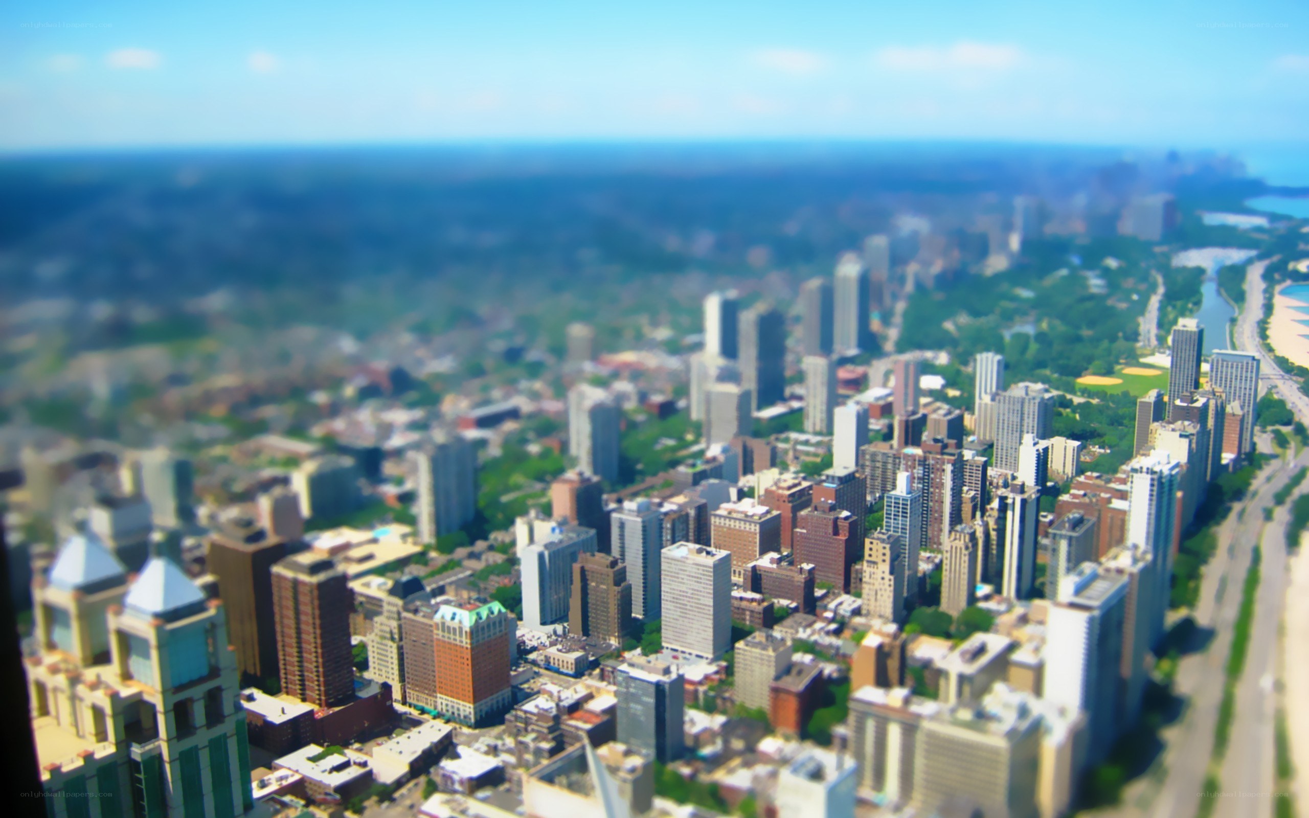 aerial cityscape with tilt-shift effect