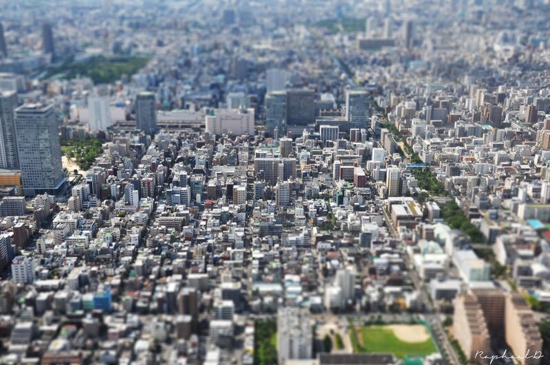 aerial cityscape with tilt-shift effect