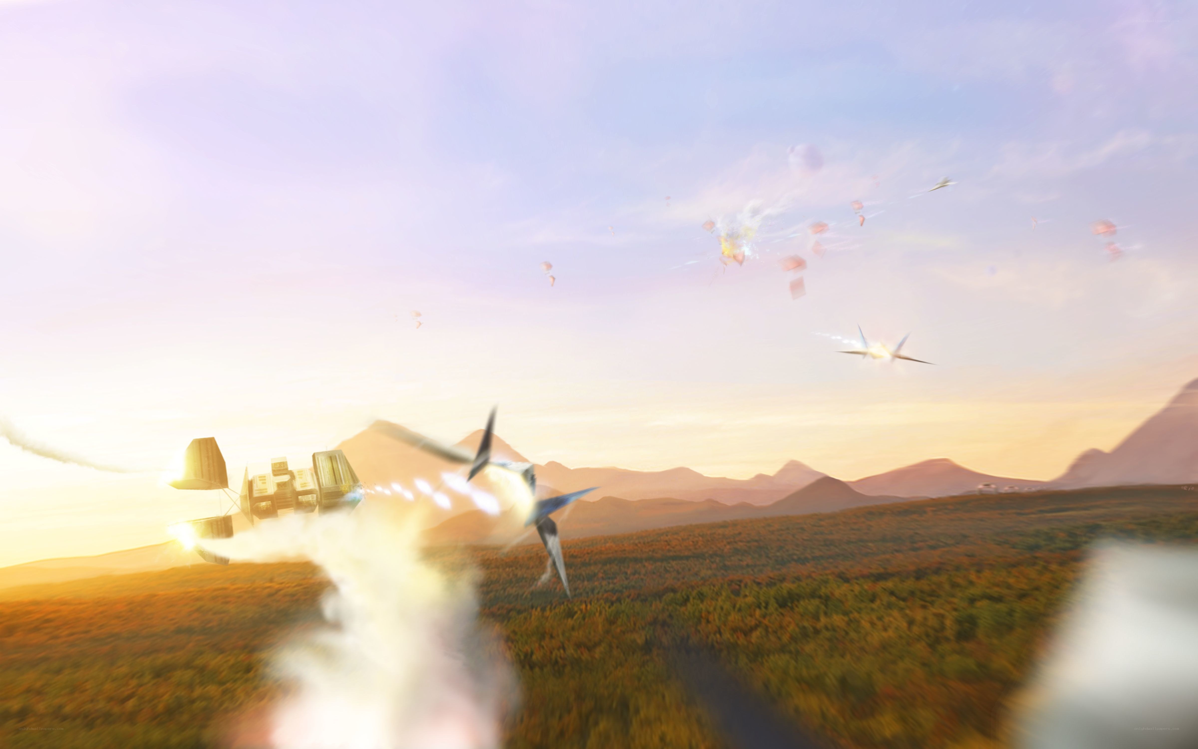 Aerial combat over a forested landscape