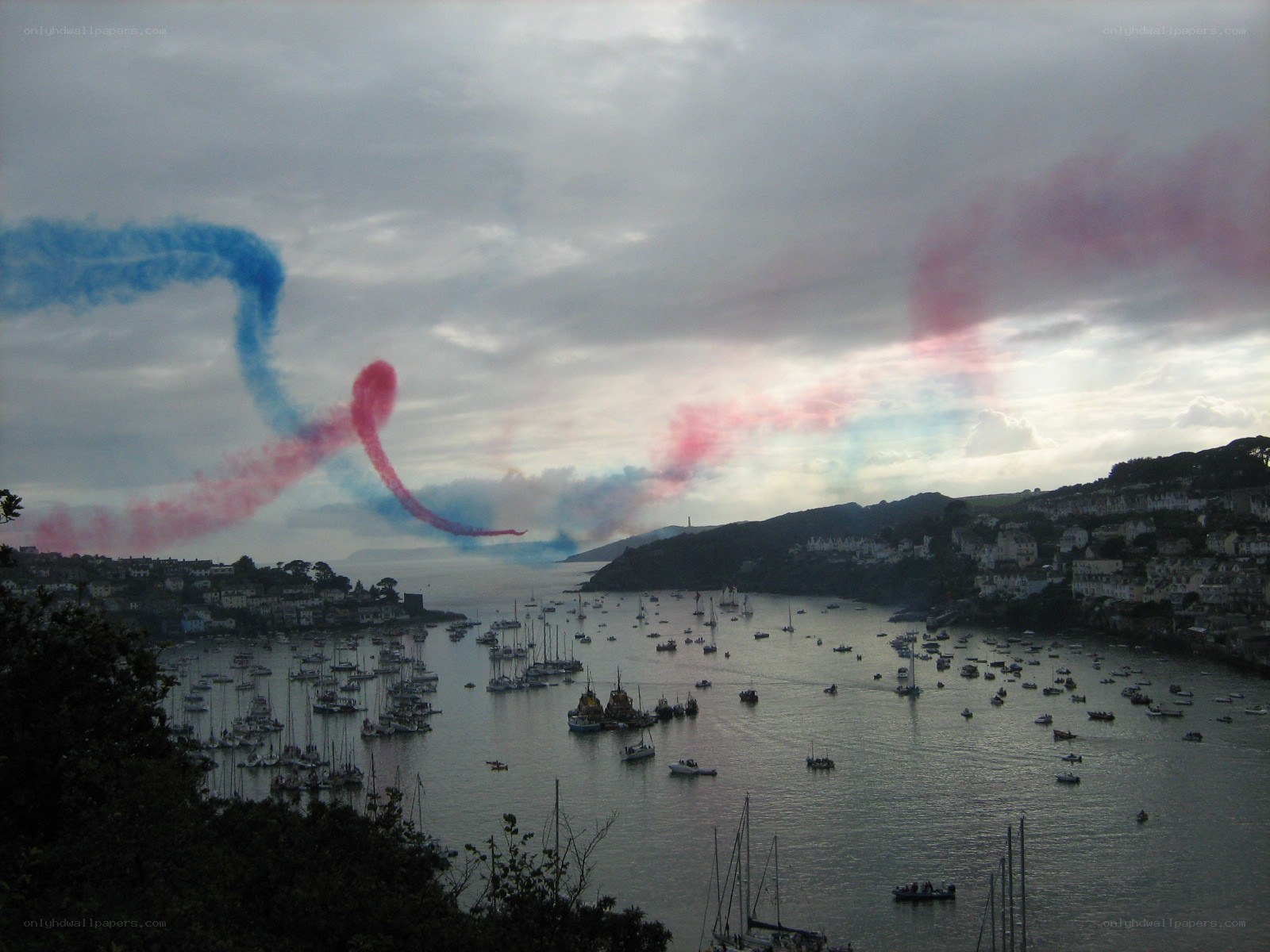 Aerial display over a harbor