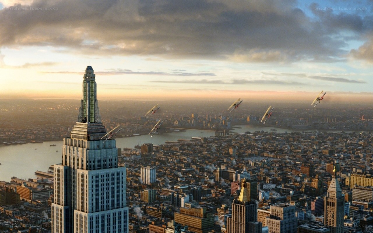 Aerial dogfight over a city