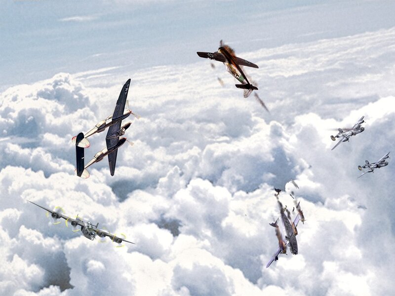Aerial dogfight over clouds