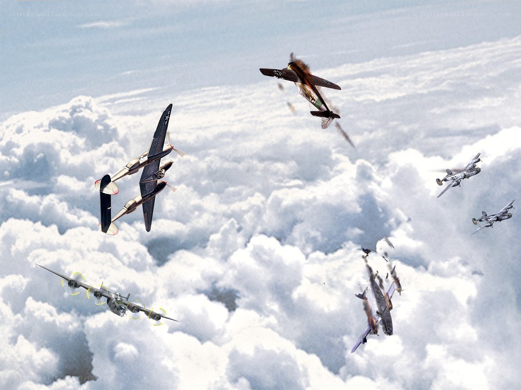 Aerial dogfight over clouds