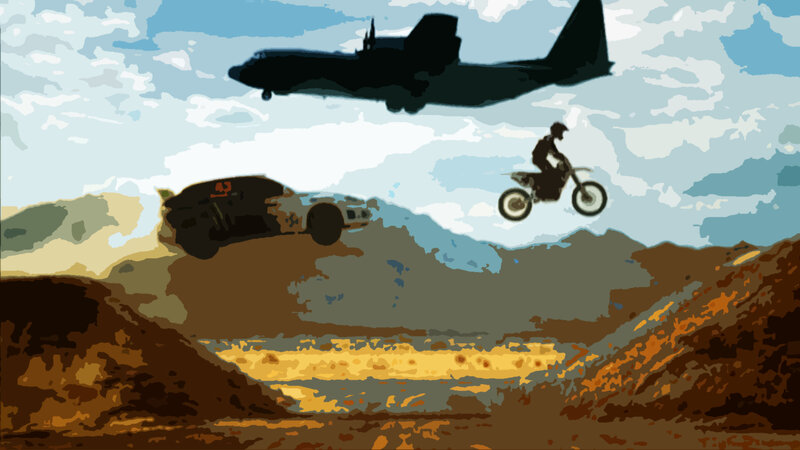 Aerial stunt scene with vehicles