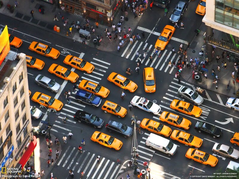 Aerial view of a busy city intersection