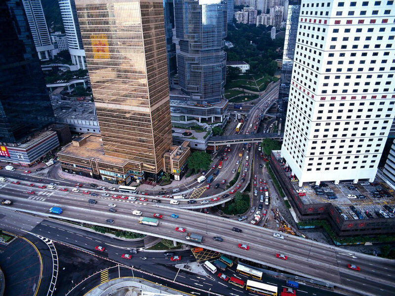 Aerial view of a busy city intersection