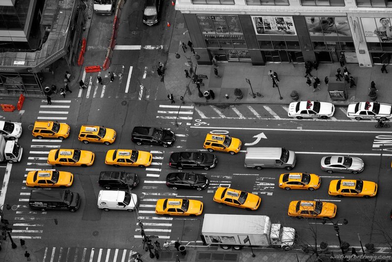 Aerial view of a busy city intersection