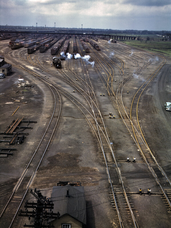 Aerial view of a busy rail yard