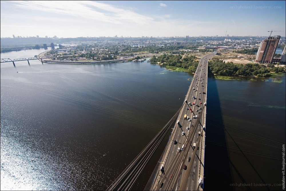 Aerial view of a cable-stayed bridge