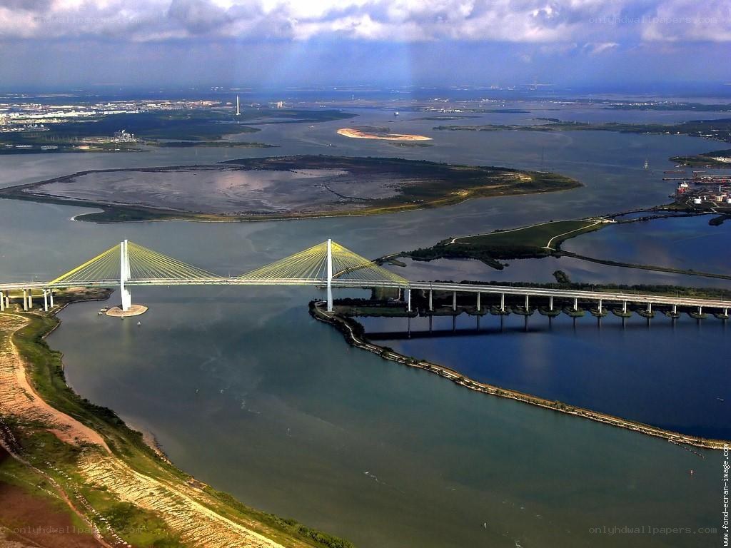 Aerial view of a cable-stayed bridge