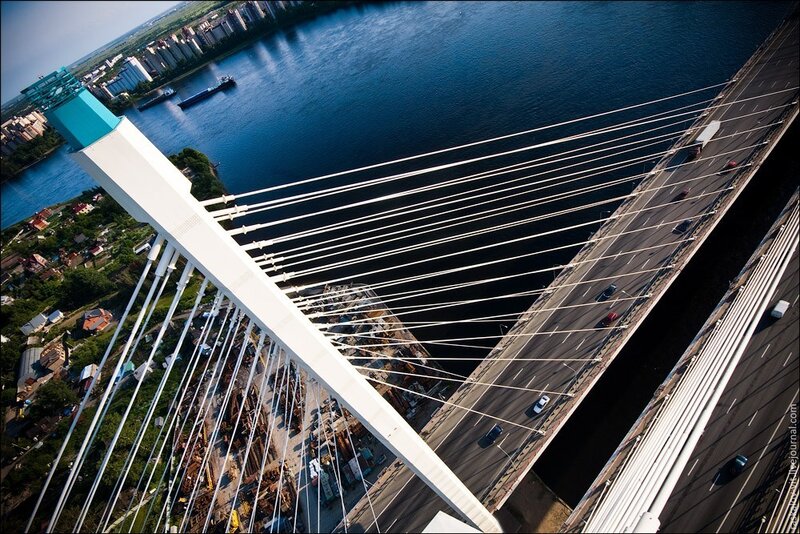 Aerial view of a cable-stayed bridge