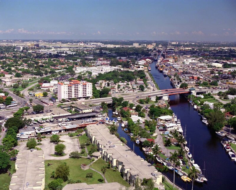 Aerial view of a canal and city