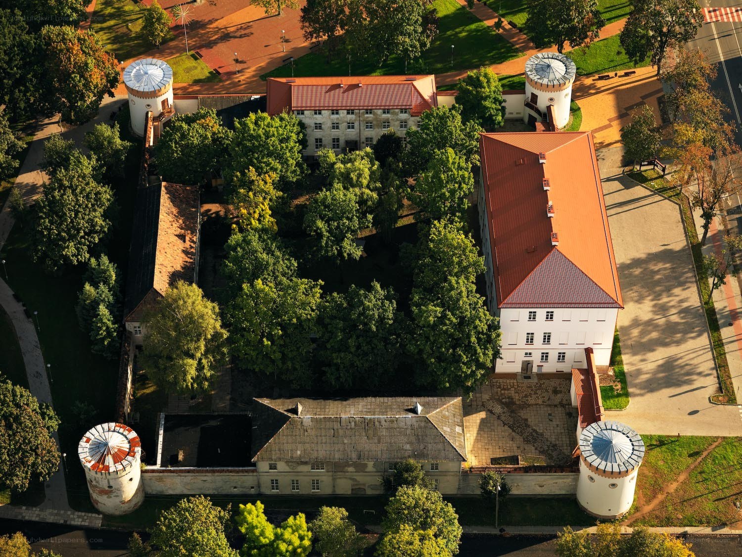 aerial view of a castle complex
