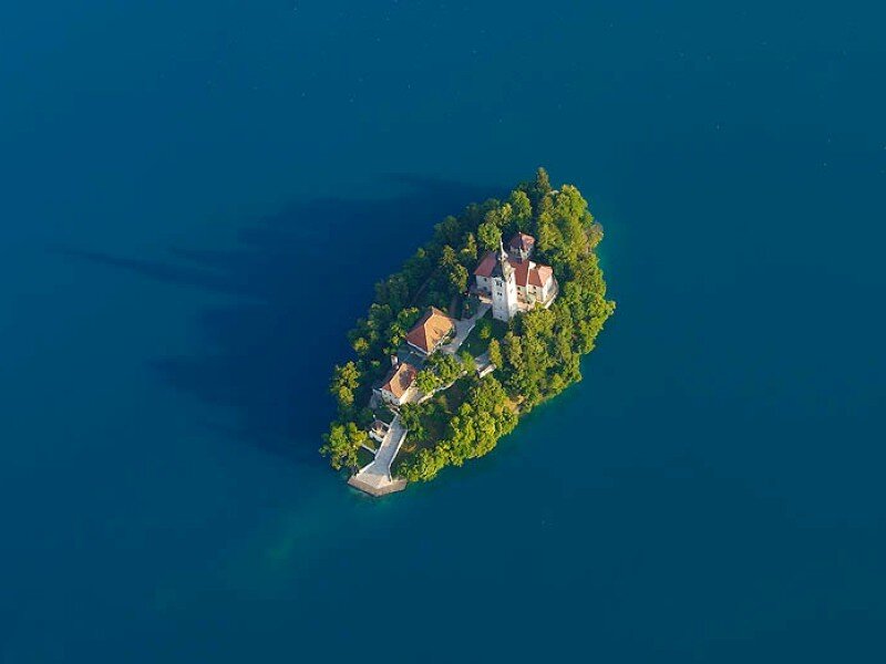 Aerial view of a castle on an island