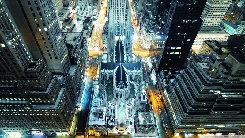 Aerial view of a cathedral at night