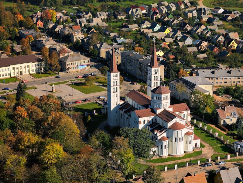 Aerial view of a church and town