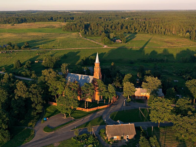 Aerial view of a church in the countryside