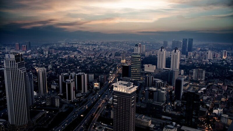 Aerial view of a city at dusk