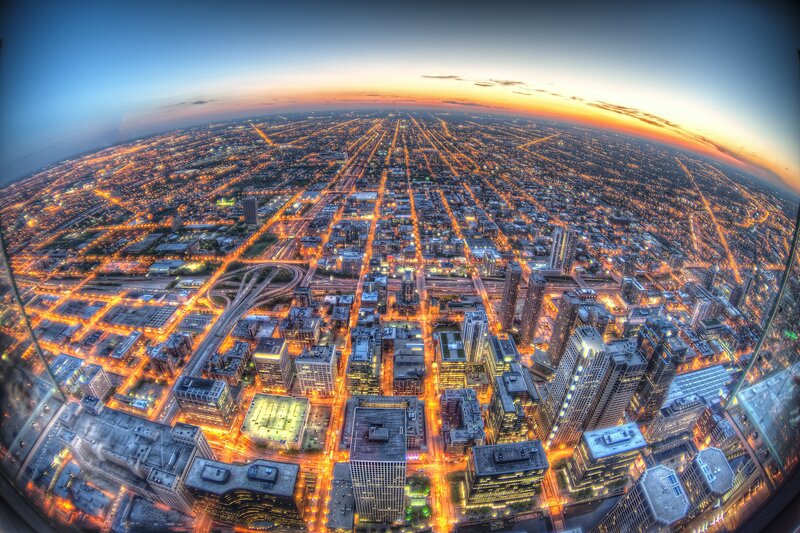 Aerial view of a city at dusk