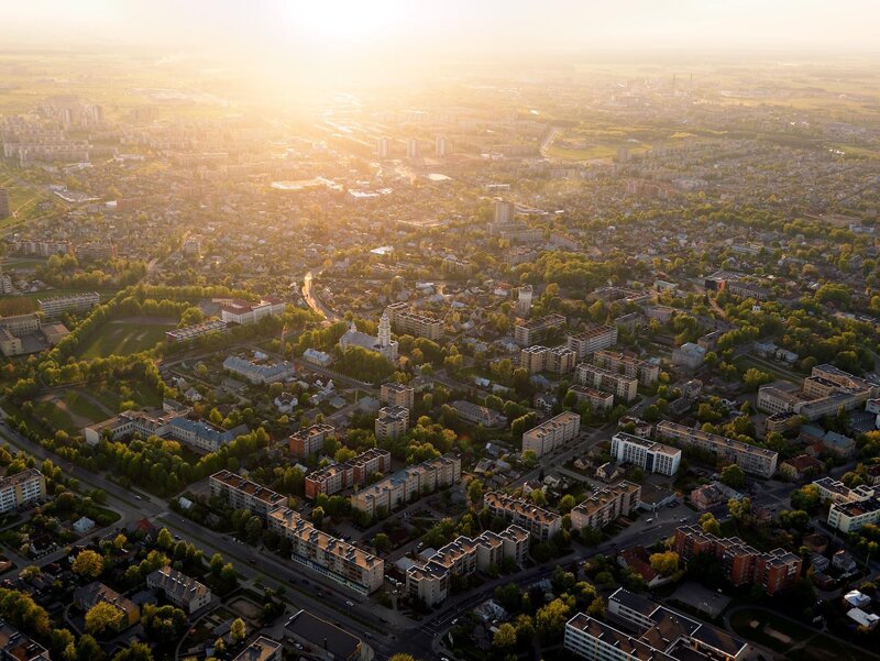 Aerial view of a city at sunrise