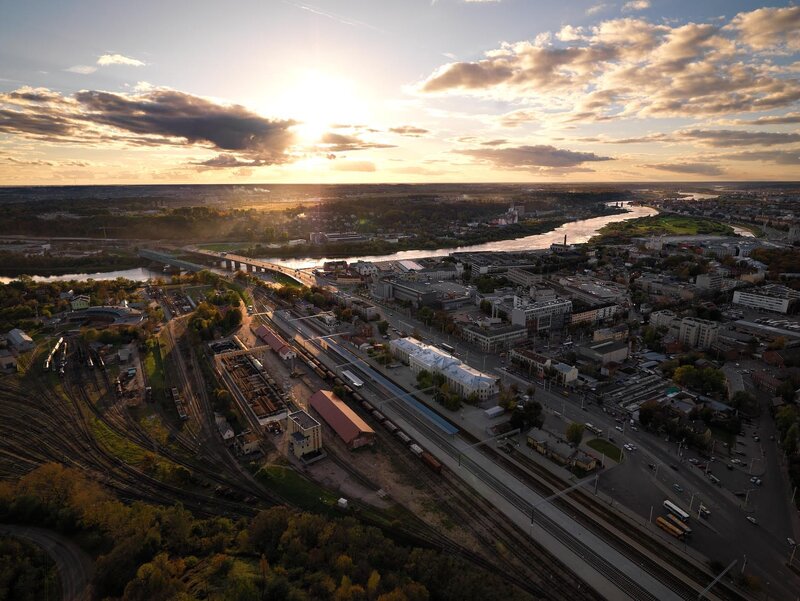 Aerial view of a city at sunset