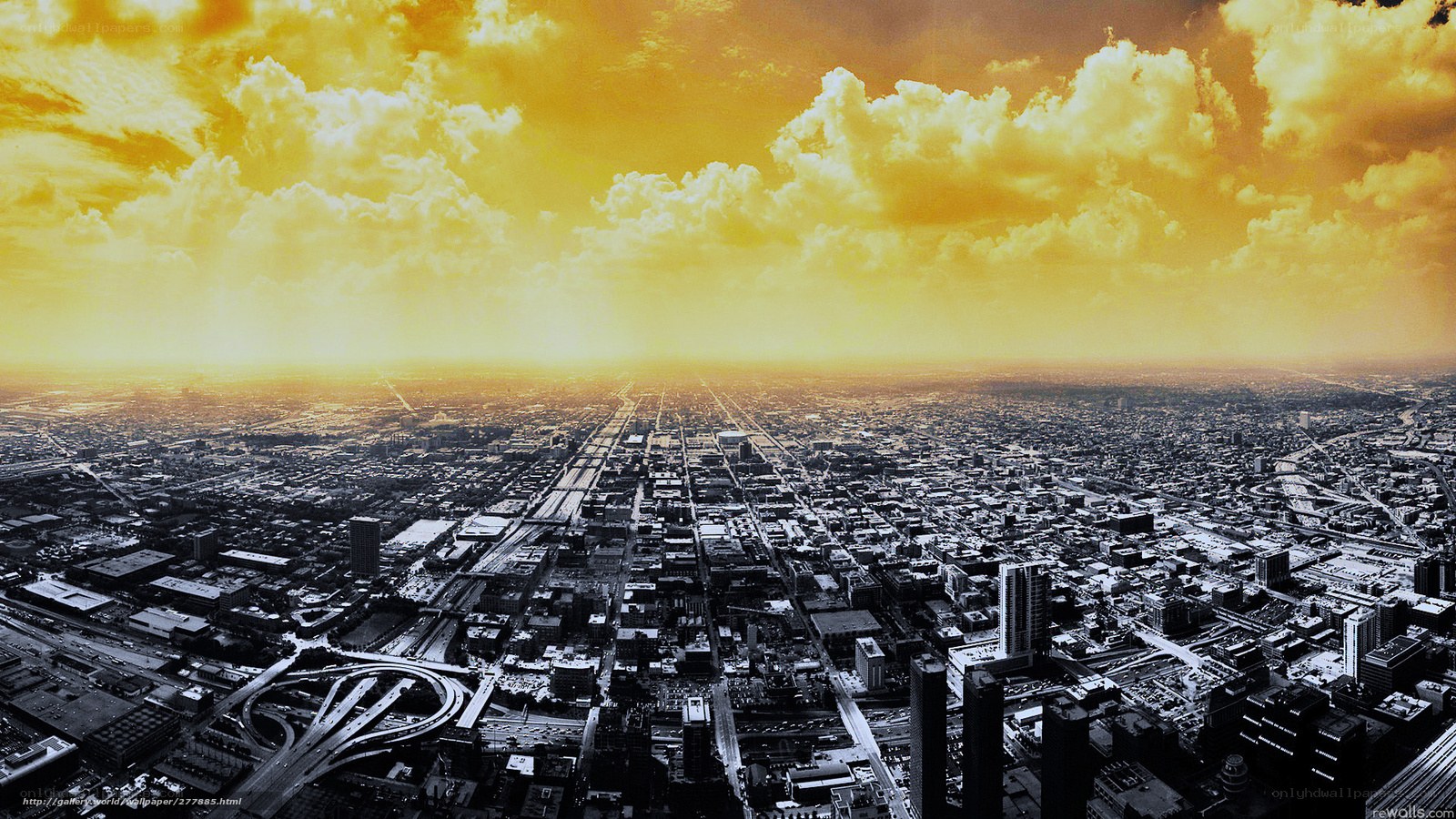 Aerial view of a city at sunset
