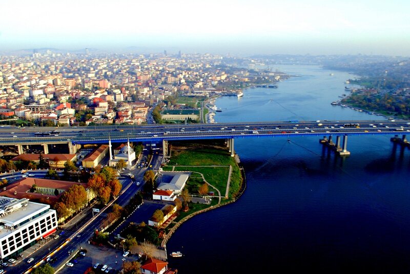 Aerial view of a city bridge