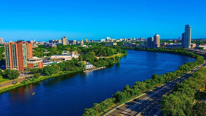 Aerial view of a city by the river