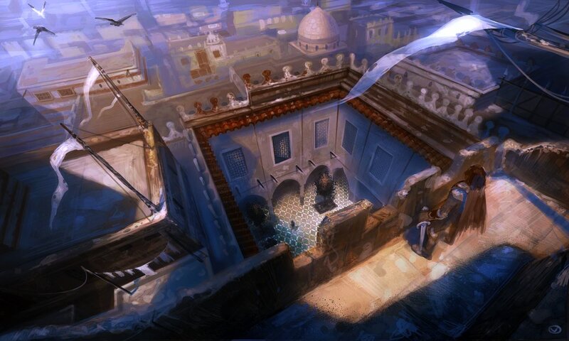 Aerial view of a city courtyard